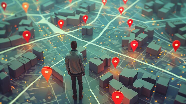Foto tecnologia de geofencing modelo de cidade em miniatura com pessoa de pé no meio em um mapa da cidade com alfinetes vermelhos que retratam o conceito de rastreamento de localização e tecnologia de navegação no mundo digital