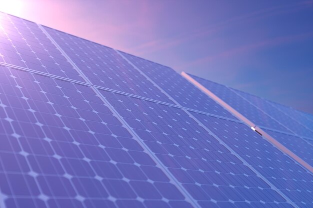 Tecnologia de geração de energia solar de renderização 3D. Energia alternativa. Módulos de painel de bateria solar com pôr do sol cênico com céu azul com luz solar.