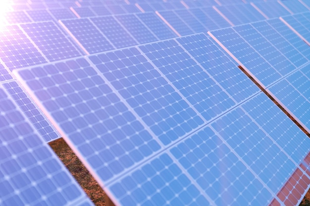 Tecnologia de geração de energia solar de renderização 3D. Energia alternativa. Módulos de painel de bateria solar com pôr do sol cênico com céu azul com luz solar.