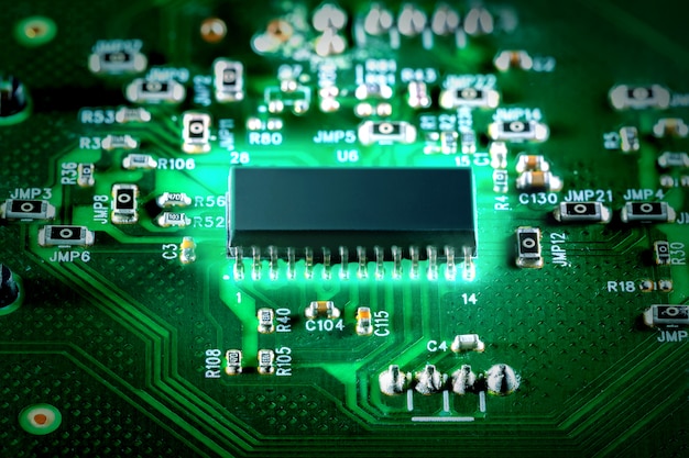 Tecnologia de hardware de computador eletrônico. Chip digital da placa-mãe. Processador quântico.