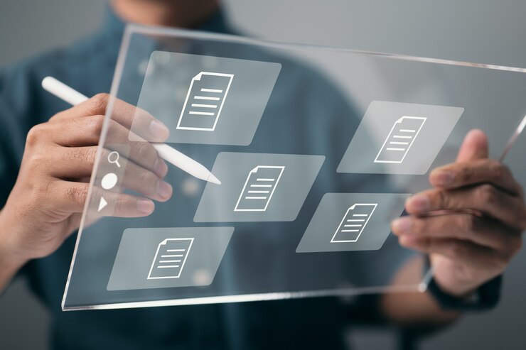 Foto tecnologia de negócios corporativos, banco de dados de documentação online, sistema de gerenciamento de documentos (dms), banco de dados de documentação online e automação de processos para lidar com arquivos de forma eficiente.