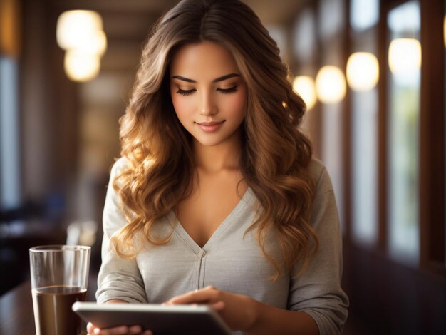 Foto tecnologia de negócios e conceito de internet mulher de negócios sorridente ia gerativa