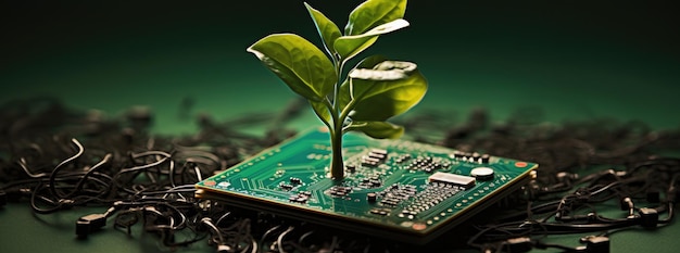 Tecnologia de pequena planta em placas de circuito e conceito de sustentabilidade IA geradora