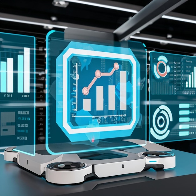 Tecnologia de robô de negociação de automação de análise de big data robótica RPA com carrinhos e diagramas em virtual