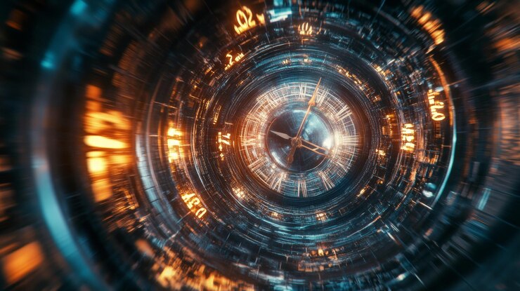 Foto tecnologia de viagem no tempo com antecedentes com o conceito de relógio e máquina do tempo pode girar as agulhas do relógio saltar em