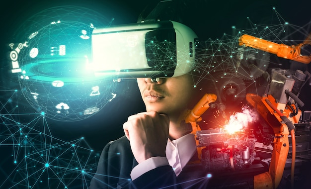 Tecnologia de VR do futuro para controle de braço de robô da indústria mecanizada