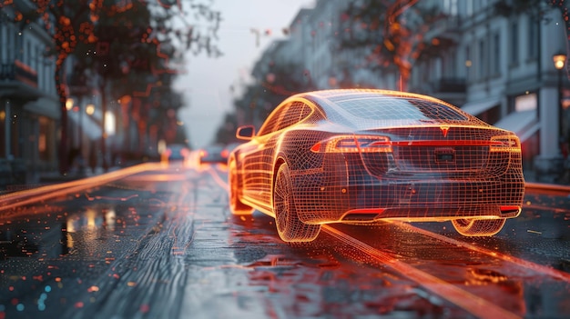 Tecnología detrás de los coches modernos concepto futurista híbrido marco de alambre intersección lateral ilustración 3D