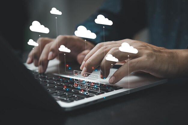 Tecnología de diagrama de computación en la nube Red de almacenamiento de datos computadora información en línea ciberespacio y concepto de servicio de internet