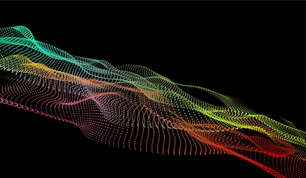 Tecnología digital abstracta 3D ondas de partículas de luz multicolores sobre un fondo negro