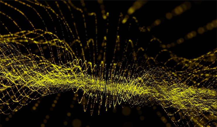 Foto tecnología digital abstracta 3d ondas de partículas de luz naranja sobre fondo negro
