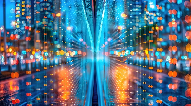 Foto tecnología digital fondo abstracto con luces borrosas y luces en movimiento