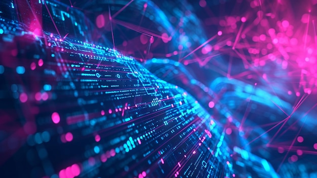 Tecnologia digital metaverso azul néon fundo rosa informação cibernética Generative Ai