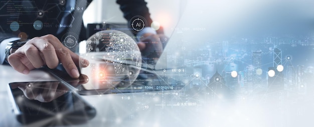 Tecnología digital de negocios globales concepto de marketing de redes sociales Hombre de negocios que utiliza una tableta digital con conexión global a Internet y ciencia de datos de inteligencia de negocios de ciudad inteligente