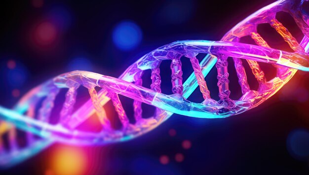 Foto tecnologia do dna pesquisa do genoma e biotecnologia genética no fundo de uma luz de néon azul dna humano genes genética ciência biologia ciência médica