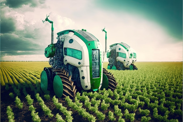 Tecnologia do futuro na agricultura e produção de alimentos Tecnologia de agricultura robótica Máquina robótica agrícola futurista trabalhando em campo de fazenda inteligente IA gerativa