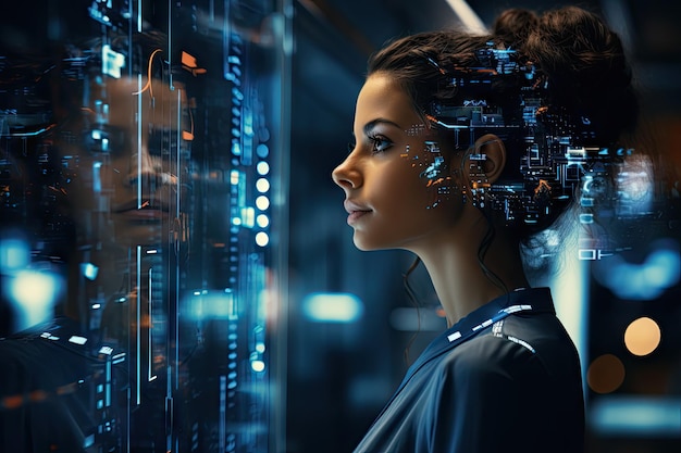 Tecnología e inteligencia artificial Cyborg chica viene del mundo del futuro por IA generativa