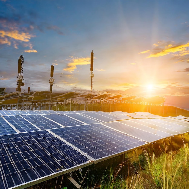 Tecnologia ecológica de centrais eléctricas de células solares com fundo de luz solar ao pôr-do-sol