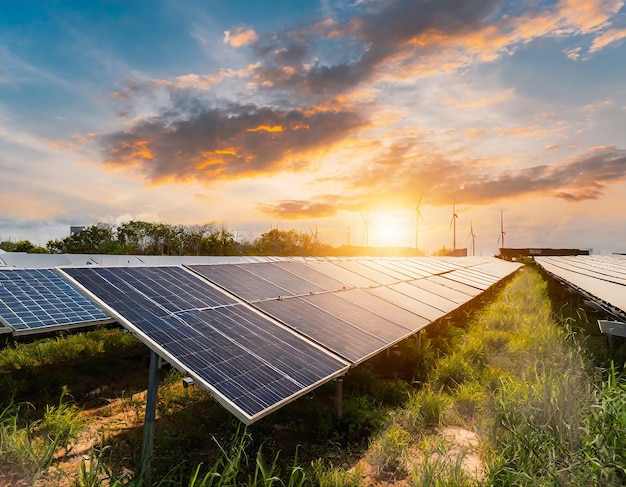 Tecnologia ecológica de usina de energia solar com céu no fundo do pôr-do-sol