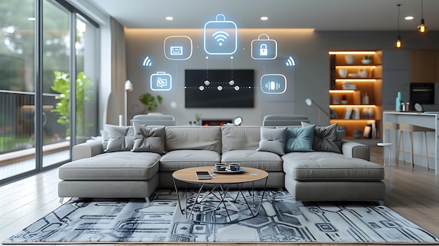 Foto tecnologia em casa inteligente com dispositivos conectados e ícones digitais casa brilhante com simbolismo