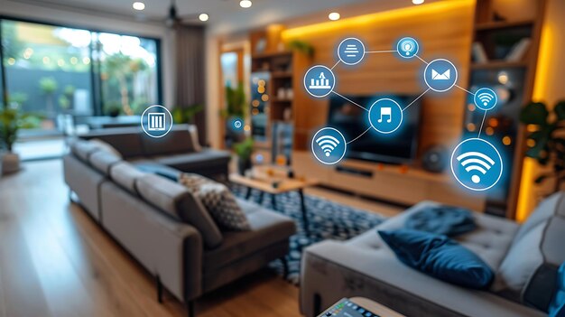 Foto tecnologia em casa inteligente com dispositivos conectados e ícones digitais casa brilhante com simbolismo