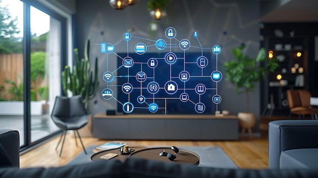 Tecnologia em casa inteligente com dispositivos conectados e ícones digitais Casa brilhante com simbolismo