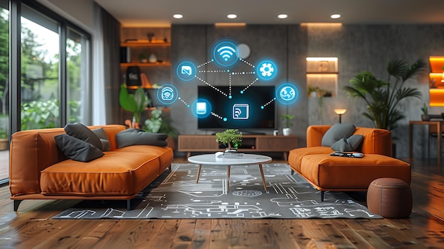 Tecnologia em casa inteligente com dispositivos conectados e ícones digitais Casa brilhante com simbolismo