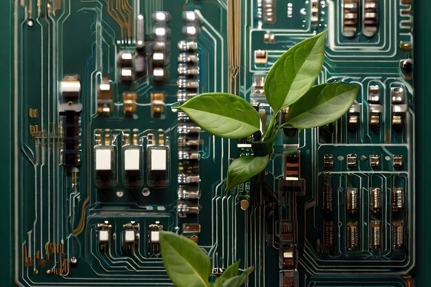 Foto tecnologia encontra a natureza planta verde emerge do microcircuito conceito inovador de tecnologia energética