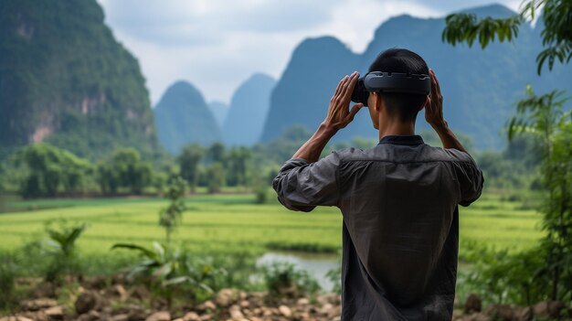 Tecnologia encontra a natureza Uma pessoa em fone de ouvido de realidade virtual em meio a uma paisagem natural IA geradora