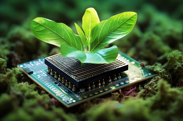 Foto la tecnología se encuentra con la naturaleza un microchip que brota de una pequeña planta mejorada por ia generativa