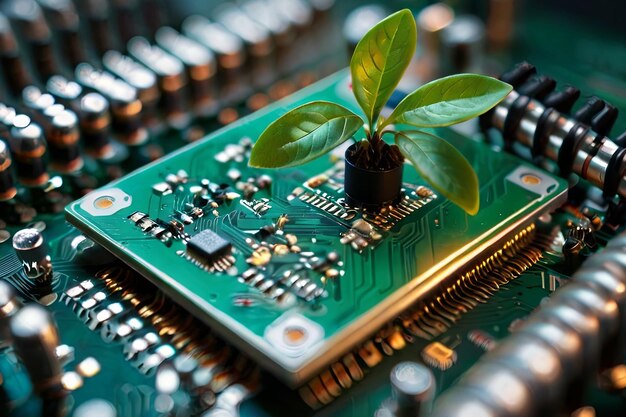 La tecnología se encuentra con la naturaleza La planta verde emerge del microcircuito El concepto innovador de tecnología energética