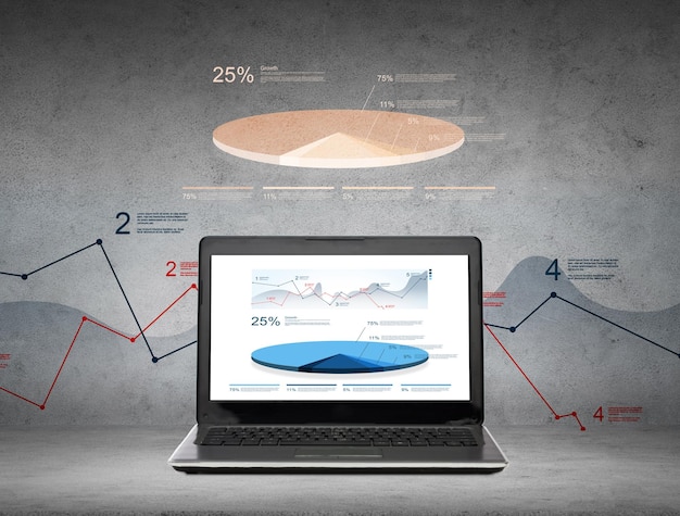 tecnología, estadísticas, economía y concepto empresarial - ordenador portátil con gráficos en pantalla sobre fondo de hormigón gris