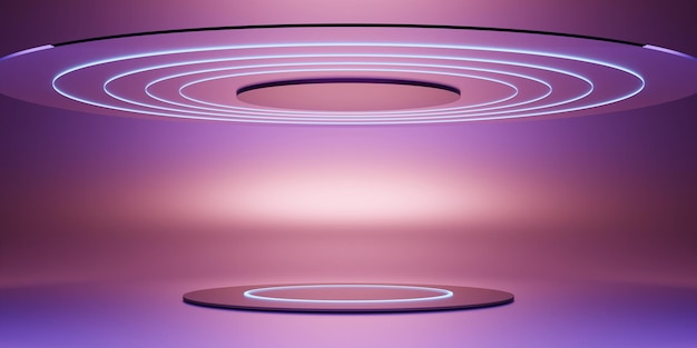 Tecnología de exhibición de círculos de neón fondo luz abstracta ilustración 3D
