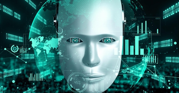 Tecnologia financeira do futuro controlada pelo robô huminoide de IA usa aprendizado de máquina