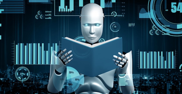 La tecnología financiera del futuro controlada por un robot humanoide utiliza el aprendizaje automático