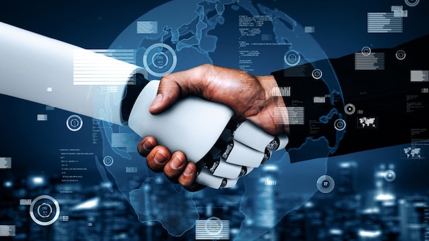 La tecnología financiera del futuro controlada por un robot humanoide utiliza el aprendizaje automático