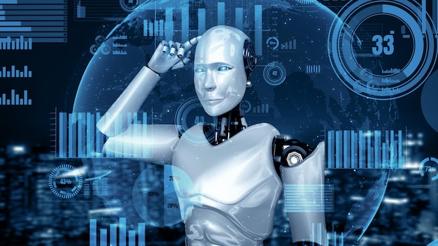La tecnología financiera del futuro controlada por un robot humanoide utiliza el aprendizaje automático