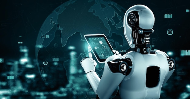 La tecnología financiera del futuro controlada por un robot humanoide utiliza el aprendizaje automático