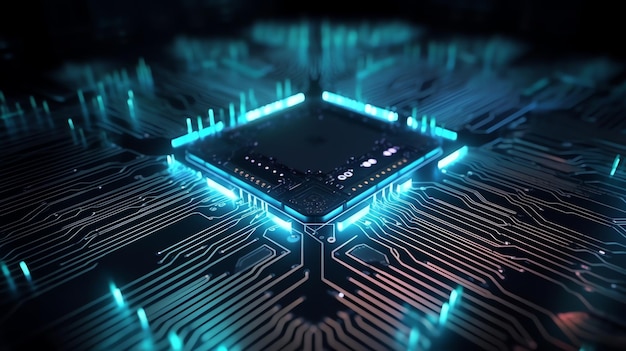 Tecnología de fondo Circuito CPU Visualización 3D Inteligencia Artificial Poder del procesador Colorido Digital