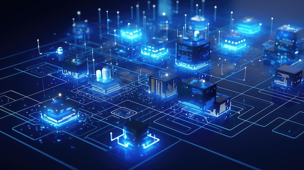 Tecnología de fondo grandes chips de datos en el circuito azul papel tapiz de red minimalista