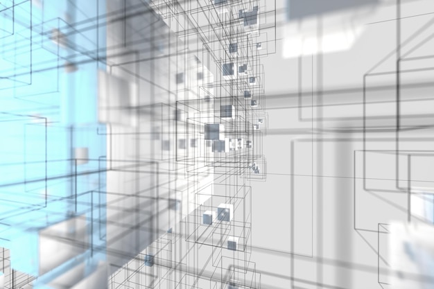Tecnología de fondo hacer con cubos y líneas renderización 3D
