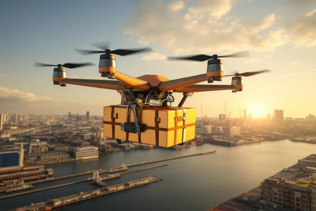 Tecnologia futura do conceito de logística autônoma Entrega drone voando fundo IA generativa