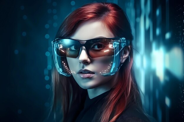 Tecnologia futurista e óculos inteligentes em uma mulher da moda