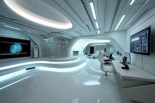 Tecnología futurista interior de oficina de espacio abierto Diseño de oficina futurista con equipos de tecnología moderna generados por IA generados