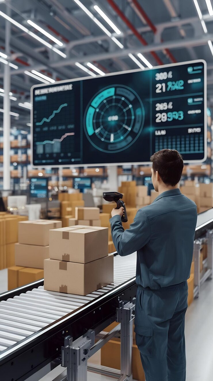 Foto tecnología futurista trabajador de almacén minorista comienza la digitalización del inventario con escáner de códigos de barras