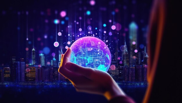 Tecnología del futuro en la mano Ciudad inteligente con conectividad digital Concepto de red y comunicación en el desarrollo urbano moderno y IoT