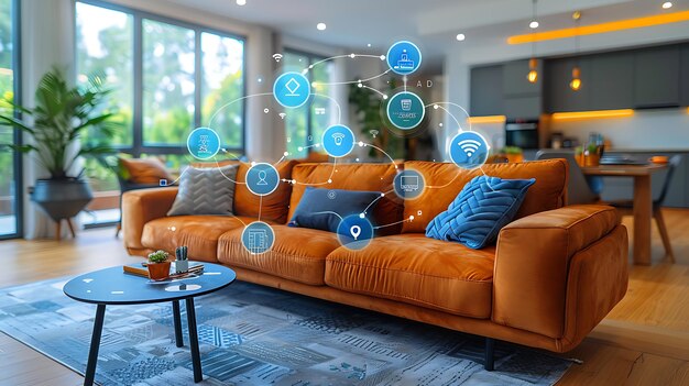 Foto tecnología hogar inteligente con dispositivos conectados e íconos digitales casa brillante con simbolismo