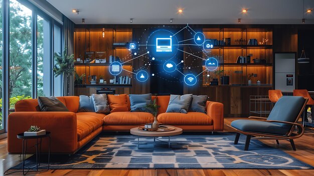 Foto tecnología hogar inteligente con dispositivos conectados e íconos digitales casa brillante con simbolismo