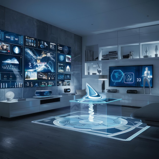 Tecnología de hogar inteligente en un espacio de vida moderno y tecnológicamente avanzado