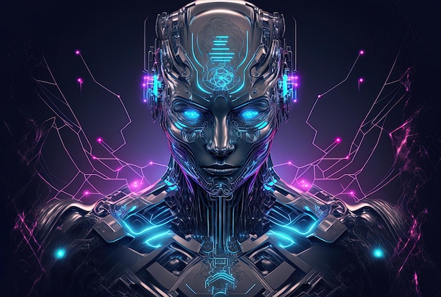 Tecnología holográfica furista abstracta de cyborg con una cara criptográfica de tron