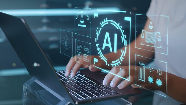 Tecnología de IA futurista con escritura manual en computadora portátil para inteligencia artificial y análisis de datos